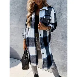 Women’s checkered drop-shoulder long-sleeve casual jacket with pockets; autumn/winter women’s casual plaid lapel wool button-up pocketed shacket coat