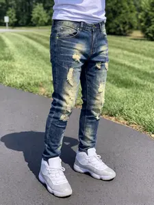 Street Style Men's Loose Vintage Jeans, Light Blue Wide Leg Patched Ripped Design, Retro Washed Casual Slim Fit Denim Jeans, Menswear, Streetwear, Pants