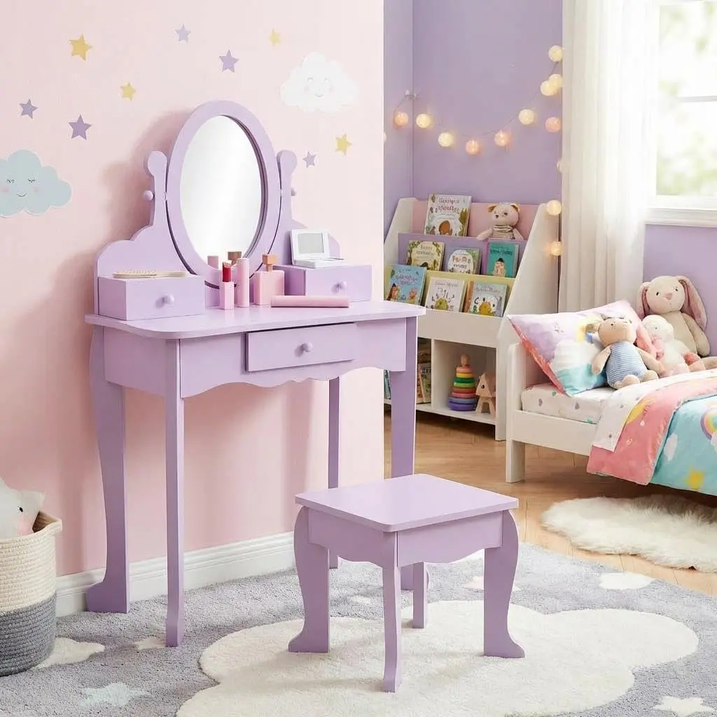 Garvee Purple Wooden Makeup Dresser Set - Drawer Vanity Table with Mirror & Stool, Dressing Table Set for Kids Ages 4-9, Bedroom/Playroom Dress-Up Play Furniture (No Light Included)
