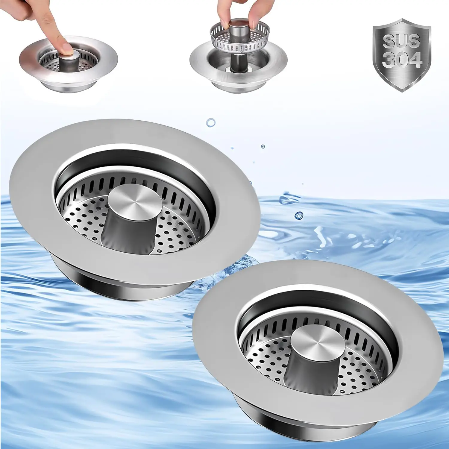 Upgraded 3 in 1 Kitchen Sink Drain Strainer Stopper,Stainless Steel Wrap Around Sink Downspout for US Standard 3-1/2 inch Sewer Strainer,Fast Drainage