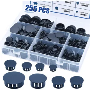 255PCS 8 Sizes Black Plastic Hole Plugs, Round Drilling Hole Cover Plugs for Cabinet Shelves, Flush Type Panel Knockout Locking Plastic Plugs Insert End Caps (1/4" 5/16" 3/8" 1/2" 5/8" 3/4" 7/8" 1")