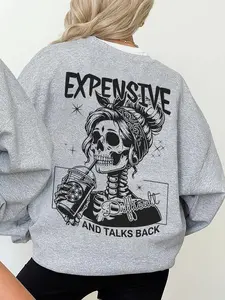 Women's Casual Loose-Fit Round Neck Long Sleeve Pullover Sweatshirt, Halloween Skull Print, Thick Fabric, Fall & Winter Fashion