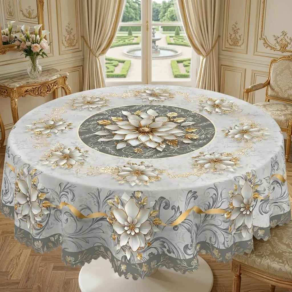 Elegant White & Gold Floral Tablecloth, Round Dining Table Cover with Gray Botanical Print, Luxury Home, Party & Wedding Decor