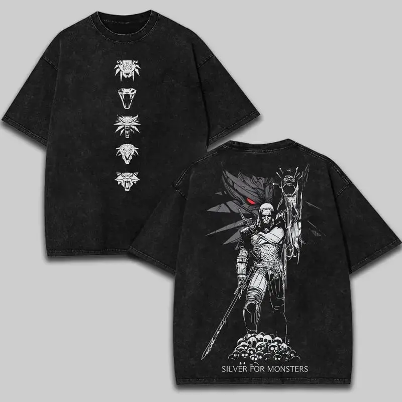 Men's T-Shirt - The Witcher 'Silver for Monsters' Vintage Graphic | Spooky Style Distressed Cotton Fitted Short-Sleeve Crew Neck Streetwear, Spooky Style Men's Short-Sleeve T-Shirts, Whimsical Gothic Fairy Men's Short-Sleeve T-Shirts