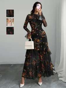 Women's Gothic Elegance Chic Sexy Mesh Patchwork Colorful Floral Print Vintage Ruffle Sleeve Mermaid Tail Double Layer Dress, Womenswear