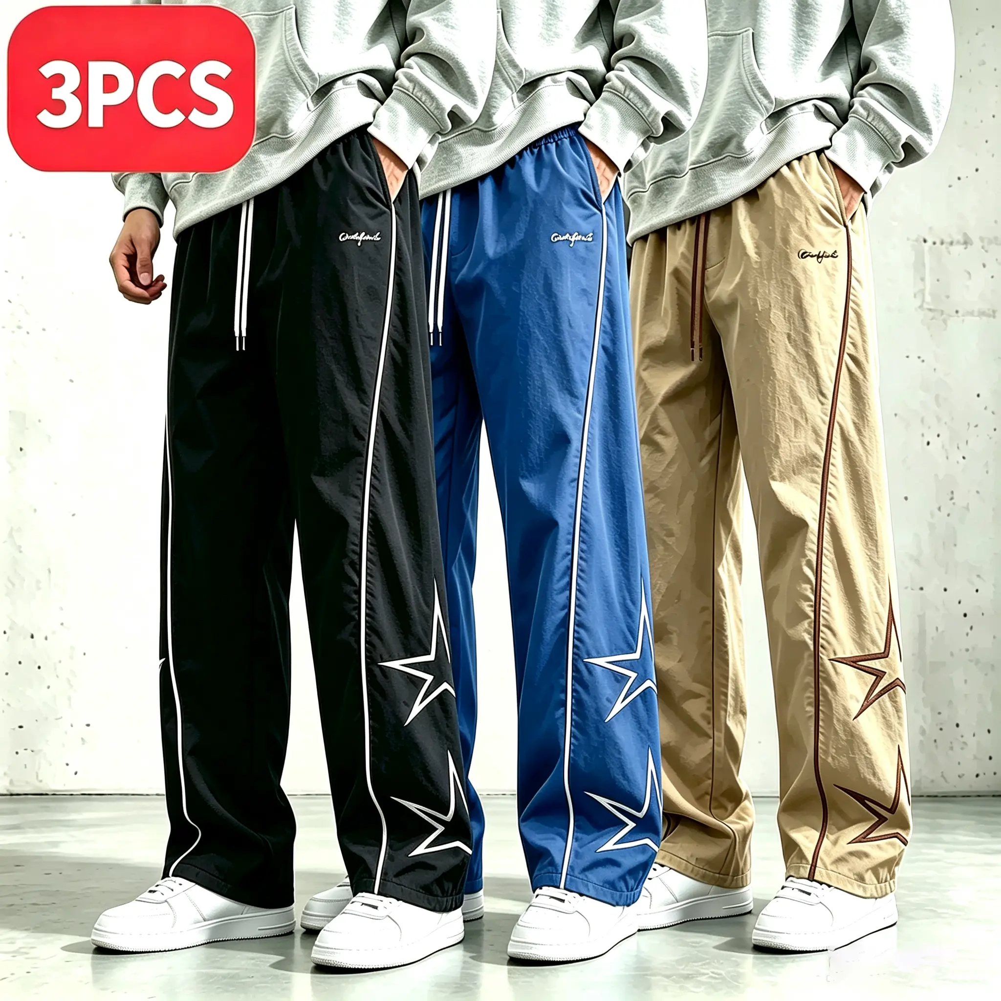 3-pack men’s sweatpants with star print and side stripes, trendy versatile black casual long pants featuring white stripe accents and a star pattern design, elastic drawstring waistband, comfortable slim fit, campus street-style fashion pants, an everyday