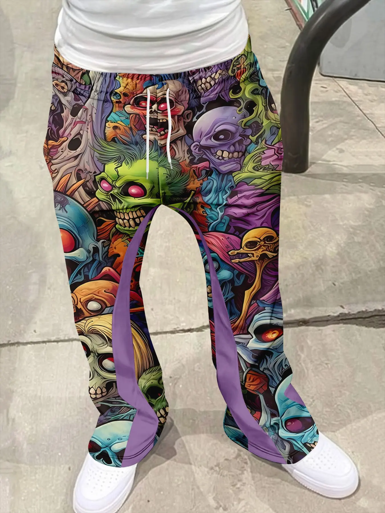 Men's Flared Trousers, Pants, Casual Comfy Trouser, Skull Print, Vibrant Rainbow Patchwork, Drawstring Waist, Slim Fit, Casual Streetwear, All Seasons, Hip-Hop Style