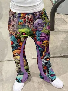 Men's Flared Trousers, Skull Print, Vibrant Rainbow Patchwork, Drawstring Waist, Slim Fit, Casual Streetwear, All Seasons, Hip-Hop Style
