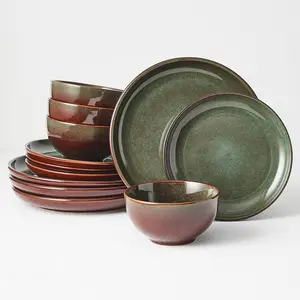 Stoneware Dinnerware Sets Service for 4, 12 count Reactive Glaze Plates and Bowls Sets, Handmade Ceramic Dish Set, Highly Chip and Crack Resistant Modern Plate Set, Brown Green