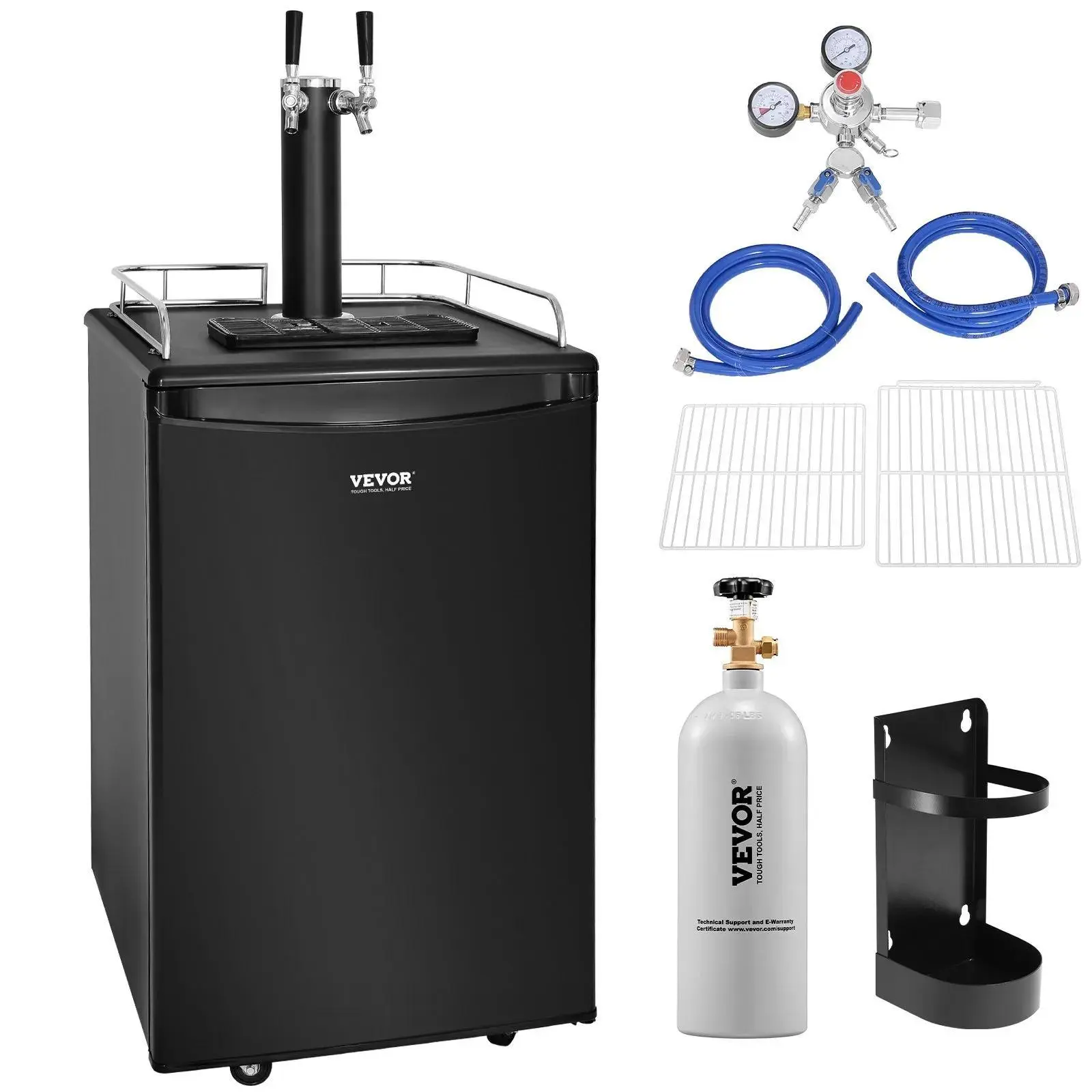【Backtoschool】VEVOR Dual Tap Beer Kegerator - Full Size Stainless Steel Refrigerator with Wheels, Multiple Tiers, Shelves for More Storage, CO2 Cylinder, Drip Tray, Rail, 32°F-50°F Temp Control, Holds Multiple 1/6,1/4,1/2 Barrels, Black, Powerout Temp Hol