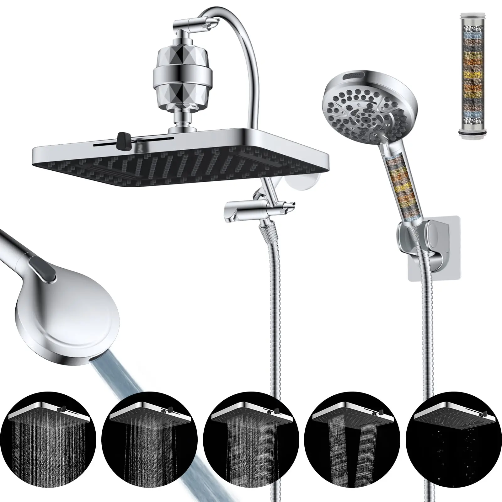 Hibbent Upgraded 5-spray 13'' Dual Filtered Rainfall Shower Head Combo, High Pressure 10-setting Handheld Shower Head with 12'' Adjustable Extension Arm, 20 Stage Shower Filter, 71'' Hose,
