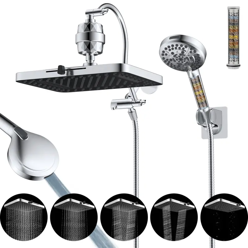 Hibbent Upgraded 13-in Dual Filtered Rainfall Shower Head Combo, High Pressure Showerhead with 5-Spray Rainfall, 10 Spray Settings, 3-Way Diverter, 12-in Adjustable Arm, 20-Stage Shower Head Filter, 71-in Hose, Tool-Free Install for Indoor Bath Luxury