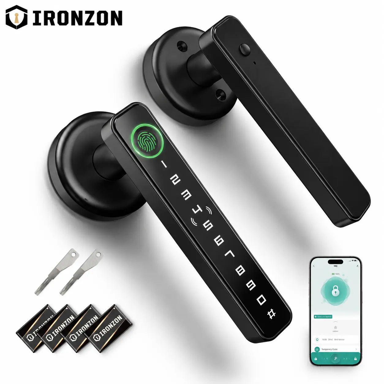 IRONZON Aluminum Alloy 5-in-1 Access Smart Door Lock, Tuya Bluetooth Tuya App Lock, Electronic Handle with Fingerprint-Passcode-IC Card-Physical Key-Keypad Entry, for US Home Interior Doors,toolupgrade