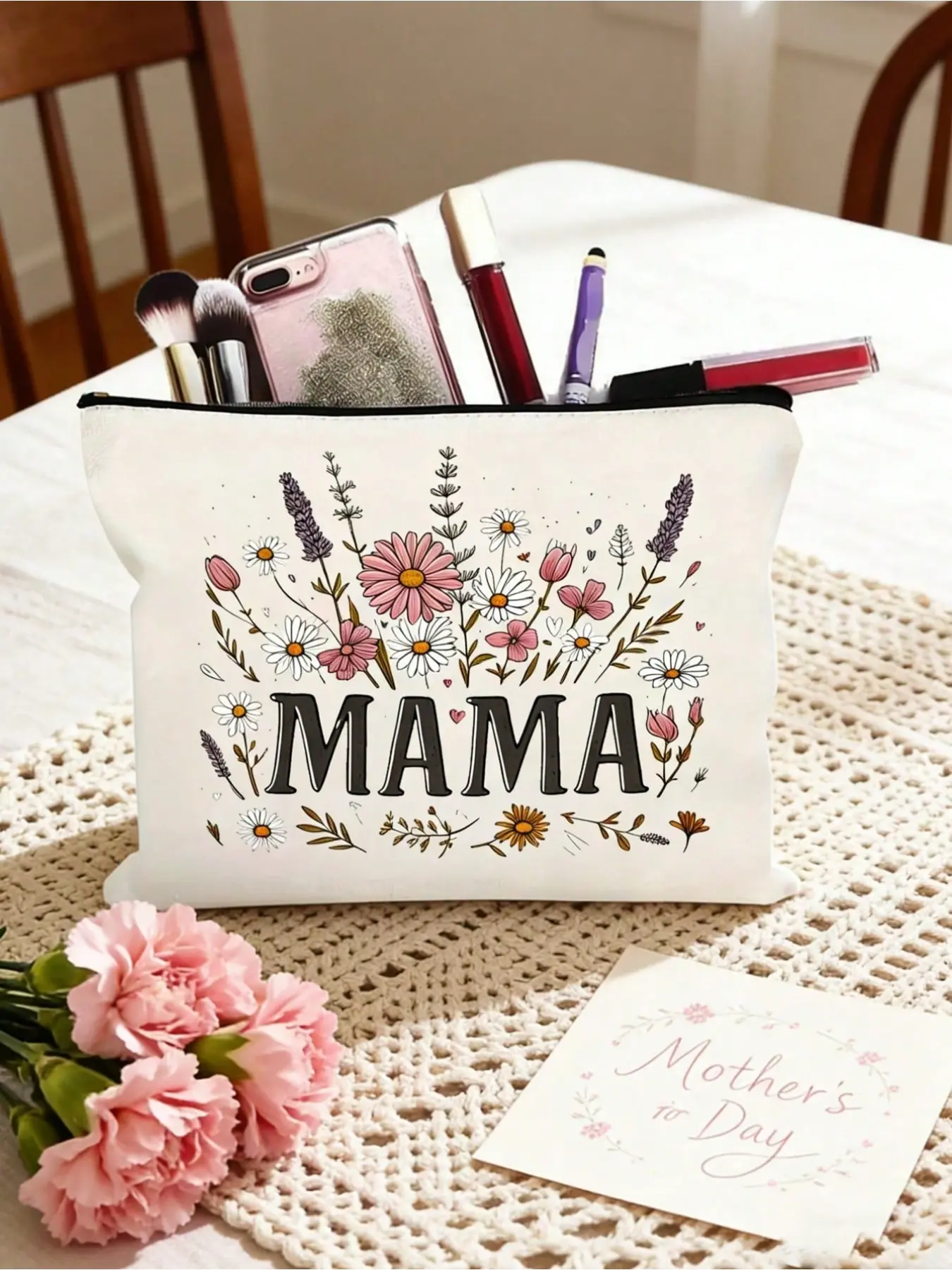 Wildflower Canvas Makeup Bag - Floral Pattern Makeup Pouch, Suitable for Mom, Cute Wildflower Zipper Bag, Mother's Day Gift, Mom's Birthday Gift, Grandma, Travel Toiletry Bag, Canvas Zipper Makeup Bag, Handheld Makeup Storage Bag