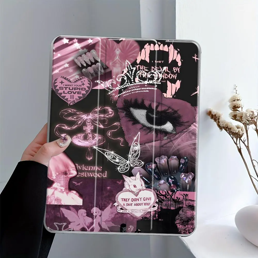 Y2K Pink Gothic Collage Folding Stand Case for iPad, Tablet Cover, Tablet Casing, Transparent Acrylic Hard Back, Pencil Slot & Charger Slot, Scratch-Resistant Slim Protective Cover for iPad 10.2 2019/2020/2021, Mini, Pro, Air, Ipad Covers