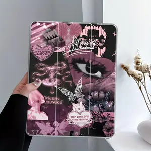 Y2K Pink Gothic Collage Folding Stand Case for iPad, Tablet Cover, Tablet Casing, Transparent Acrylic Hard Back, Pencil Slot & Charger Slot, Scratch-Resistant Slim Protective Cover for iPad 10.2 2019/2020/2021, Mini, Pro, Air