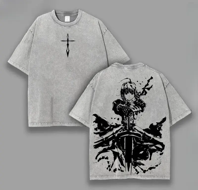valentine shirts Saber Fate Anime Anime Double Printed Oversized Lightweight Acid Washed Graphic Tee Men Top Cotton Streetwear T-Shirt Gift For Anime Fans ：22