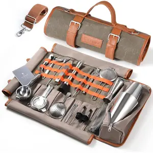 Travel Bartender Kit – 22-Pc Bartending Kit with Bar Bartender Accessories, Waxed Canvas Tool Bag – Stainless Bar Set with Standard Jigger, Squeezer