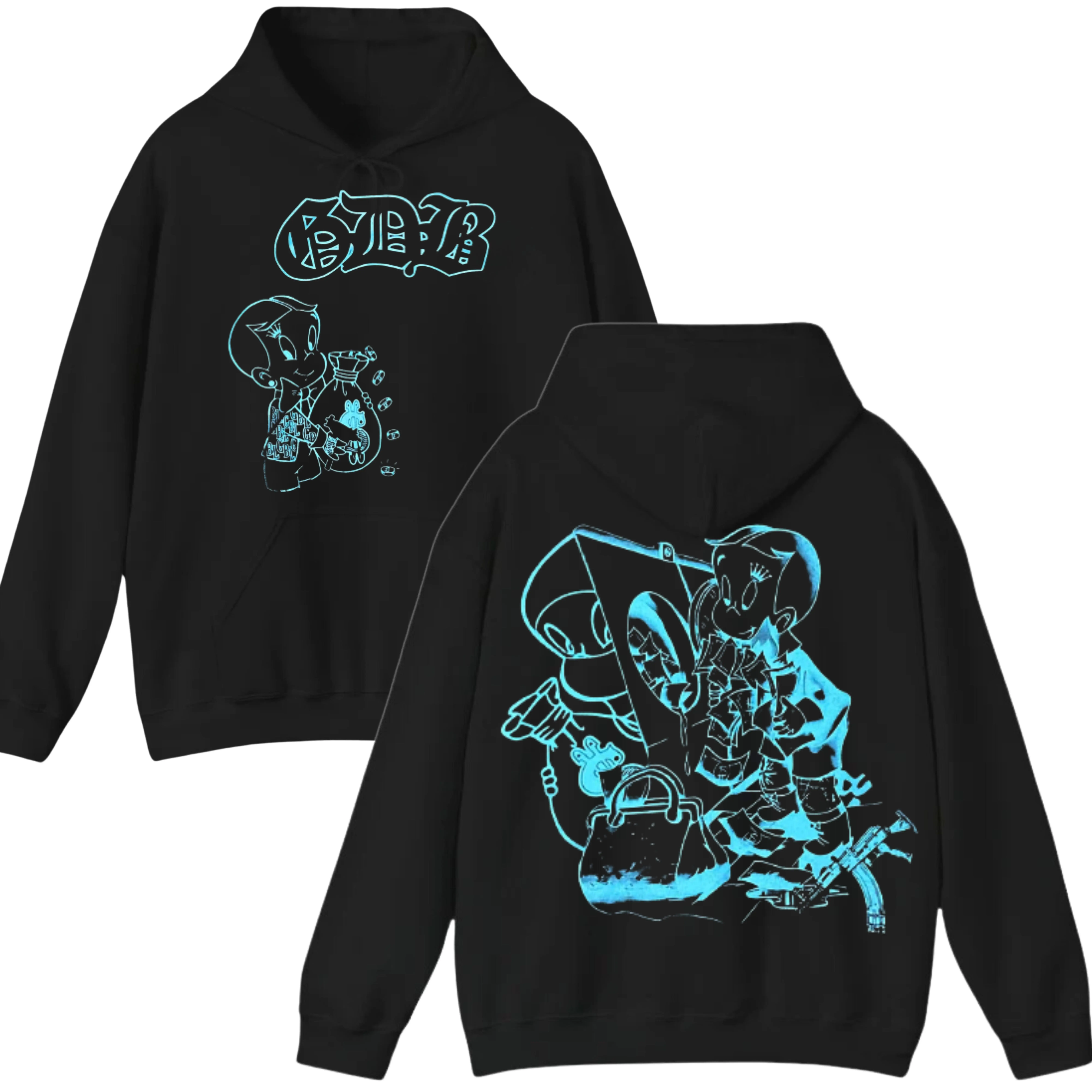Greedyboyz Graphic Hoodie, Neon Blue Cartoon Design, Streetwear-Inspired Hoodie, Mens Womenswear Hoodie, Bold and Fun Artwork
