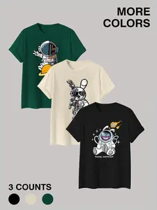 🚀✨3 Pack Space & Cyber Bunny Graphic Fitted Tees | Astronaut, Cyborg Rabbit & Bunny Astronaut Casual Tops