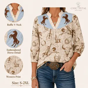 Women's Western Ruffle V-Neck Cowgirl Blouse - Embroidered Horse 3/4 Sleeve Womenswear Top for Country Concert Rodeo Outfits S-2XL by Chic Petal Boutique