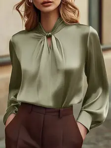 Women's Long Sleeve Button Detail Slim Fit Shirt, Designer Autumn Fashion Top, Business Casual Retro Office Wear