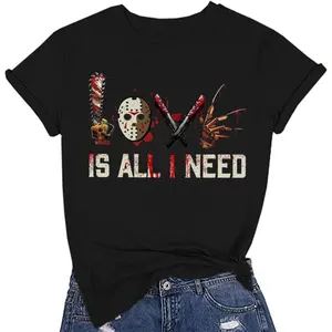 Halloween Squad Love Is All I Need Women Novelty Horror Movie Graphic Short Sleeve T Shirt
