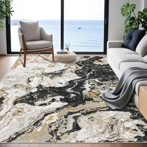 Garvee Washable Rugs 5x7 Modern Living Room Area Rug, Soft Non Slip Abstract Boho Indoor Floor Rug Low Pile Marble Rug for Kitchen Dining Bedroom Nursery, Black
