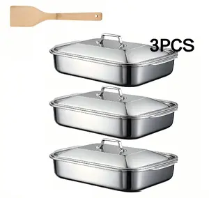 3-Pack Stainless Steel Robust Rectangular Baking Trays with Wooden shovel, Perfect for Use As Oven Trays, Serving Dishes, And Versatile Heating Trays for Grilling, Home Cooking, Festive Meals