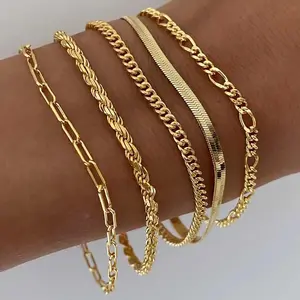 Greenish Spring Bracelets Set for Women, Trendy Thin Dainty Stackable Cuban Link Paperclip Chain Jewelry Pack, Fashion Maximalist Accessories Gift for Her
