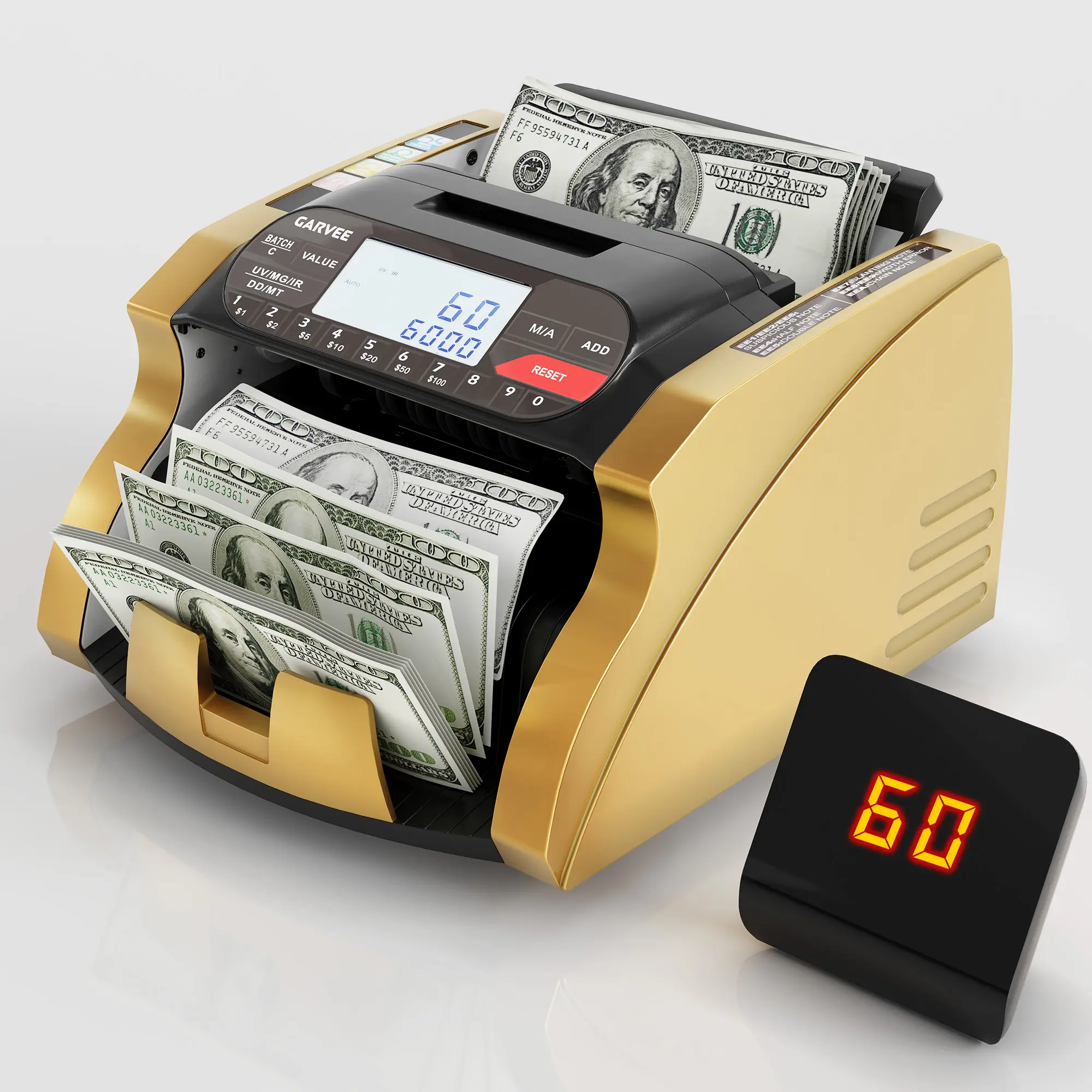 Garvee Advanced Money Counter Machine - UV/MG/IR/MT Detection - Mixed Denomination Value Counting with LCD Display - Standard Edition
