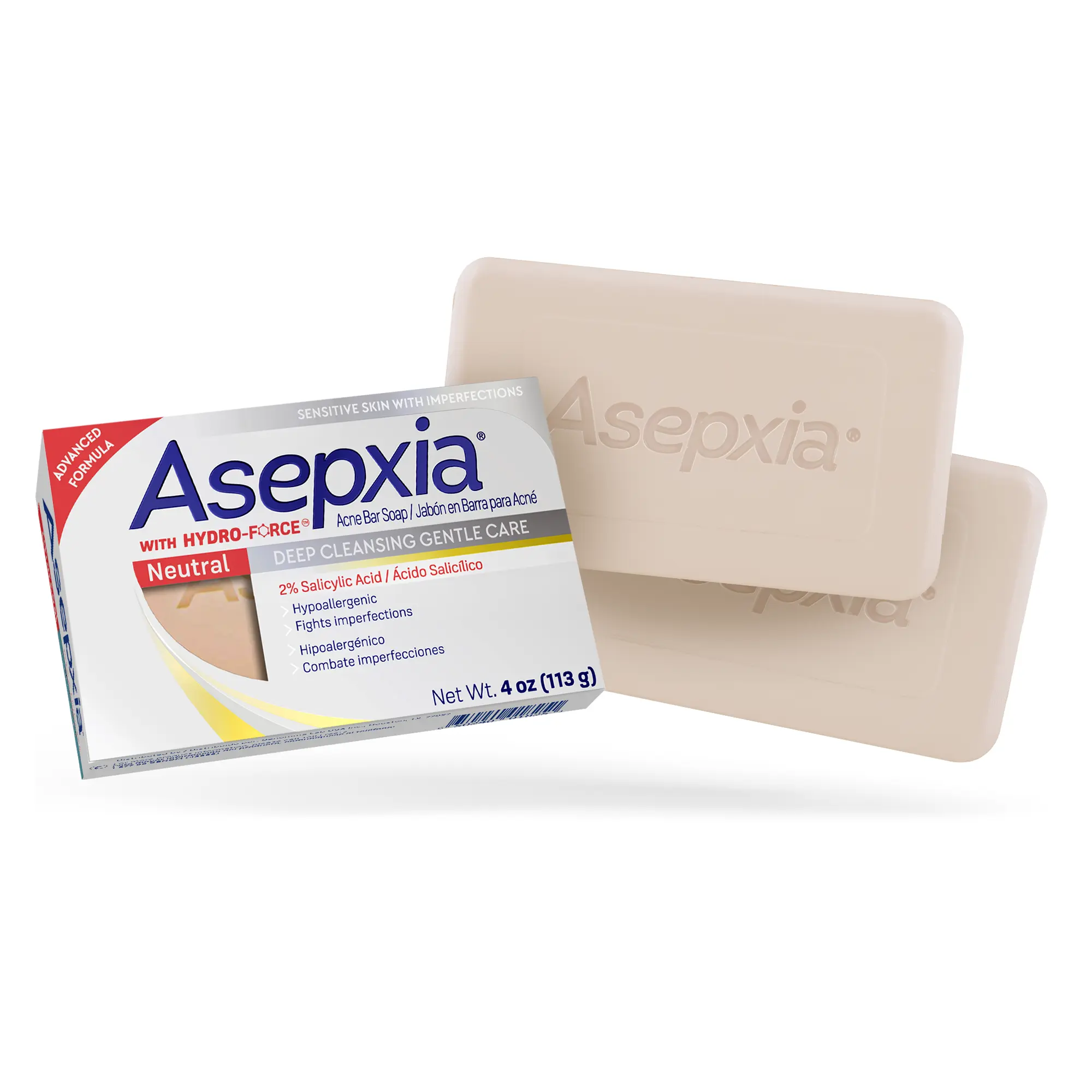 Asepxia Neutral Hypoallergenic Bar Soap - 2% Salicylic Acid Anti-Acne Facial Cleanser, Cactus Stem Extract, Oily Skin Formula, Removes Impurities & Excess Oil, Daily Care Cleansing, 4 Oz (226g) 2-Pack, 8 Oz Total, Acne Treatments