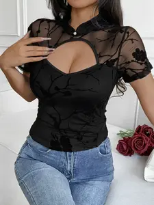 Chinese Style Sexy Round Neck Mesh Short Sleeve T-Shirt for Women, Transparent Net Top, Fashionable Summer Wear, Ladies' Clothing, Womenswear