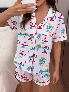 Women's Elf Print Pajama Set, Womenswear Pyjamas, Short Sleeve Button Front Top and Elastic Shorts, Comfortable Home Wear, Festive Sleepwear, Casual