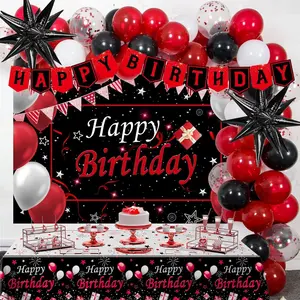 Red Birthday Decorations for Men, Women, Boys and Girls-75 PCS Red and Black Party Decorations, Happy Birthday Backdrop Banner, Party Supplies, Confetti, Star, White and Black Balloons, Arch, Tablecloth