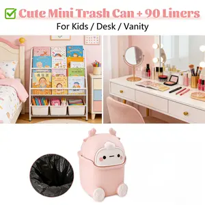 The prettiest practical pink desktop waste solution you need!Adorable small plastic trash can with convenient flip lid to lock dirt and odor, comes with 90 high‑quality trash bags for daily use, compact cute design ideal for countertops