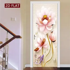 Lotus & Fish Pattern Door Sticker, 2 Counts/set Easy Apply Peel & Stick Door Decal, Waterproof & Scratch Resistant Decoration Painting for Home Wall Decoration, Ornaments