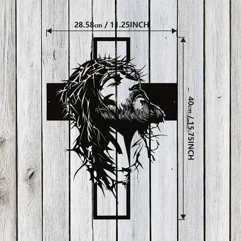 Summerwins Large Black Metal Hand-Engraved Jesus Cross Wall Sign - Artistic, Decorative, Stylish Religious Decor, Religious Cross Print, Realistic Jesus Image, Christian Home Decor, Thanksgiving Gift