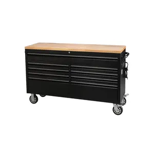 9-Drawer Rolling Tool Chest, 61 Inch Heavy Duty Tool Storage Cabinet with Wheels and Rubber Wood Top, Multifunctional Rolling Tool Box with Locking Mechanism for Garage, Warehouse