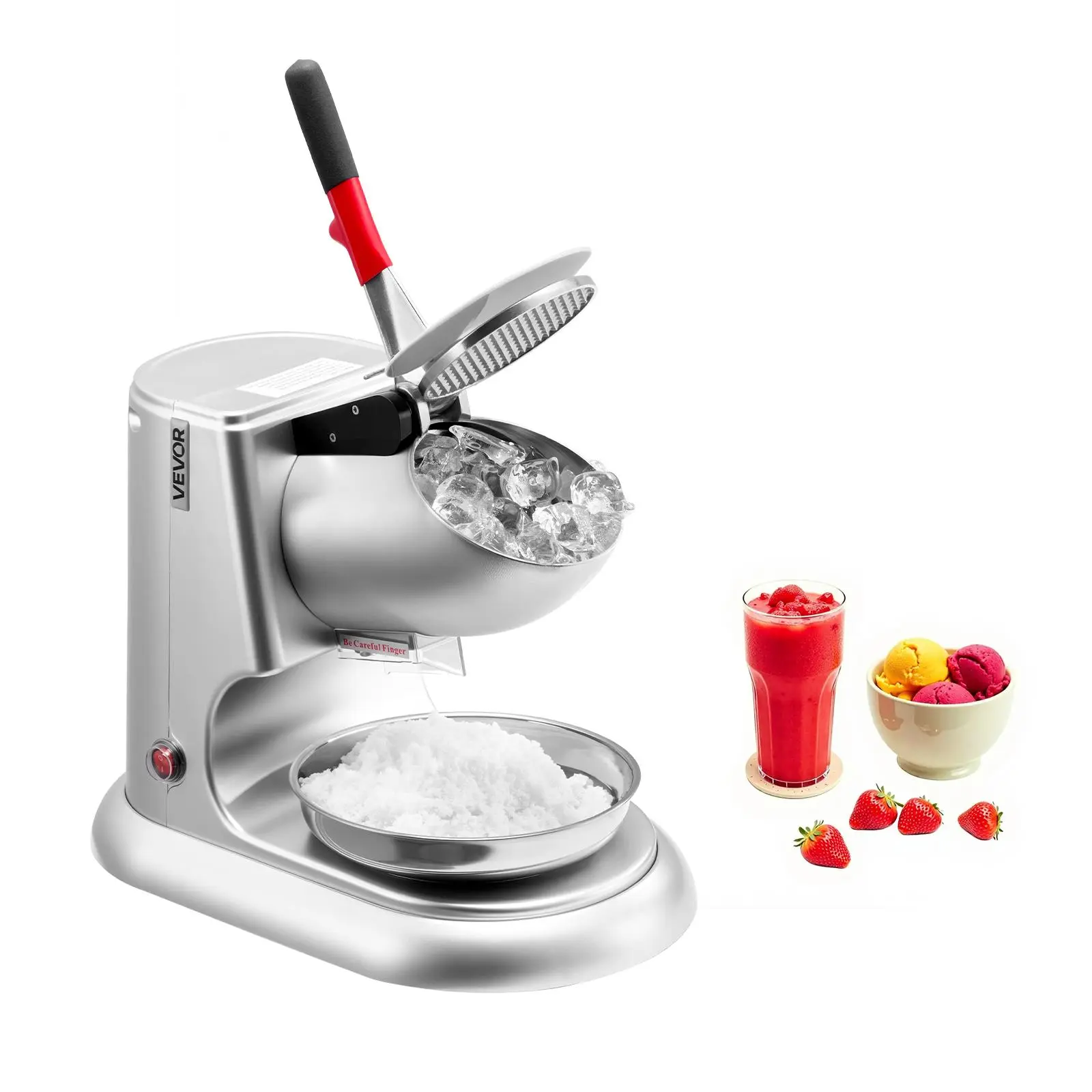 【Backtoschool】VEVOR Ice Crusher Machine, 220lbs Per Hour Electric 4 Blades Snow Cone Maker, Stainless Steel Shaved Ice Machine with Bowl and Cover, 300W 2000RPM Ice-Shaver for Home and Commercial Use, Silver