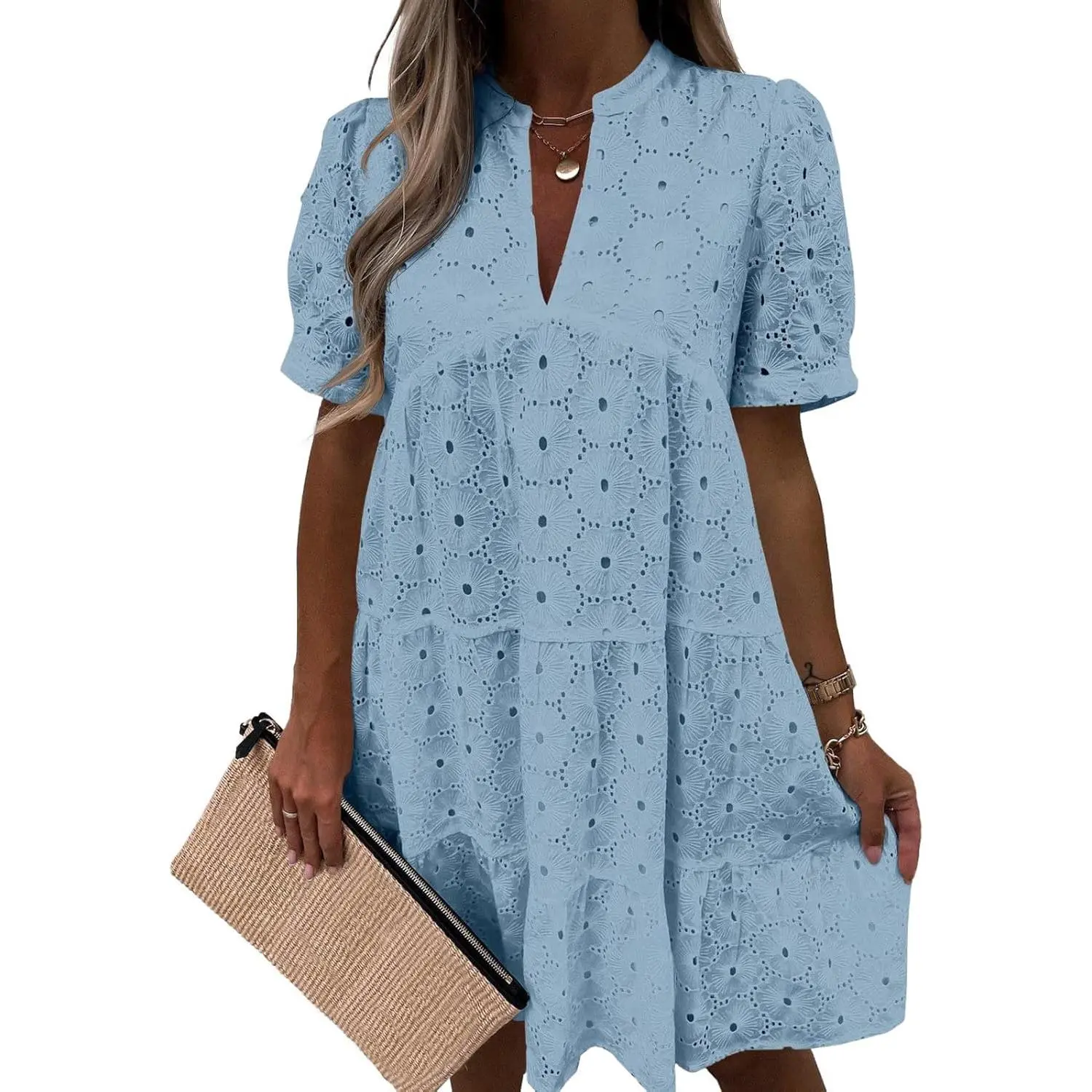 Women's Ocean-Style Summer Lace Eyelet Cupless Babydoll Casual Dress - Short-Sleeve V-Neck, Flowy Swing Tunic, Comfy Bluedress, Multi-Size Casual Wear for Women, Shortsleeve, Dresses For Women, Women's Clothing