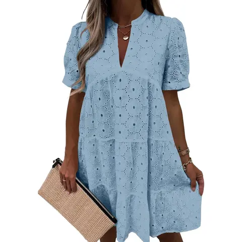 Women's 100% Cotton Ocean-Style Cool Casual Dress - Dresses for Women with Short Sleeves, Cool V-Neck, Lace Eyelet, Cupless Babydoll, Lightweight Flowy Swing Tunic, Multi-Size Party Wear, Cool V‑Neck Look