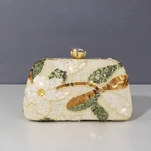 New Floral Pattern Women's Handbag, Vintage Champagne Sequin Embroidered Flower Chain Evening Bag, Crossbody Purse Shoulder Bag Suitable for Party Girls, Brides and Office Ladies, Party, Wedding, Mini Box Bag (Random Pattern)