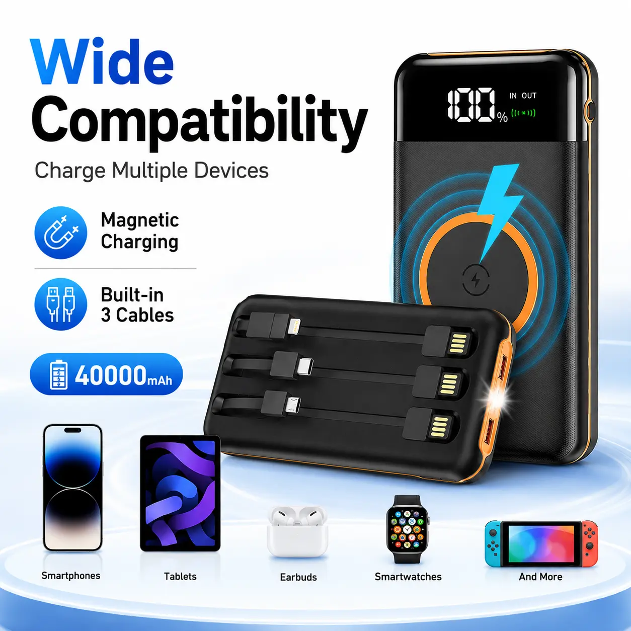 40000mAh Portable Power Bank Charger,Power Bank Flashlight 5V3.1A Fast Charger and Built in Out/Input Cables 10W Wireless Charger for Smart Devices and Cell Phones