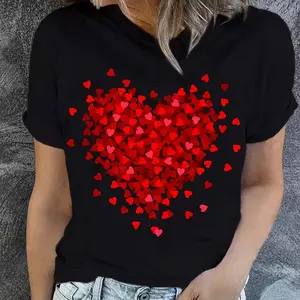 Heart Print T-shirt, Short Sleeve Crew Neck Casual Top For Summer & Spring, Women's Clothing