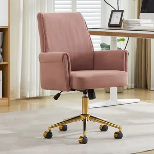 Velvet Office Chair, 360° Swivel Ergonomic Task Chair with High Back, Gold Base and Wheels, Height Adjustable Modern Accent Chair for Home Office, Living Room, Study, Vanity (Dark Pink)