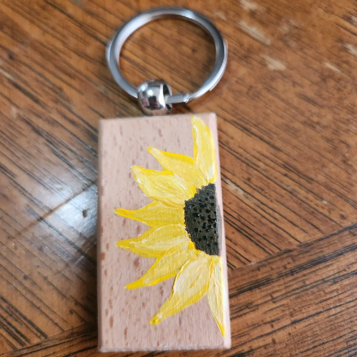 Handpainted Wooden Keychain with Single Half Sunflower - Natural Wood Finish, Keyring Attachment