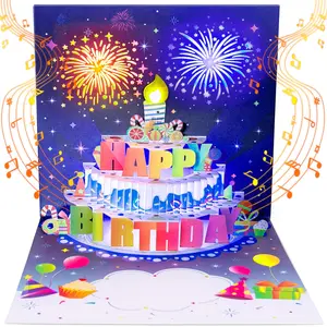 UPGRADED Blowable Birthday Cards 3D Pop Up Fireworks Cake Light and Music Happy Birthday Card Gifts for Women Men Mom Kids
