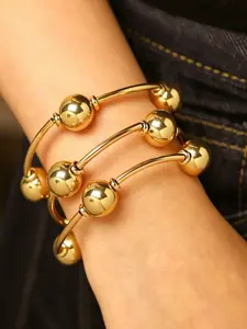 3Pcs Minimalist Gold Bead Open Cuff Bracelets, Adjustable Tarnish-Resistant Stackable Pearl Beaded Bangles for Daily & Western Style