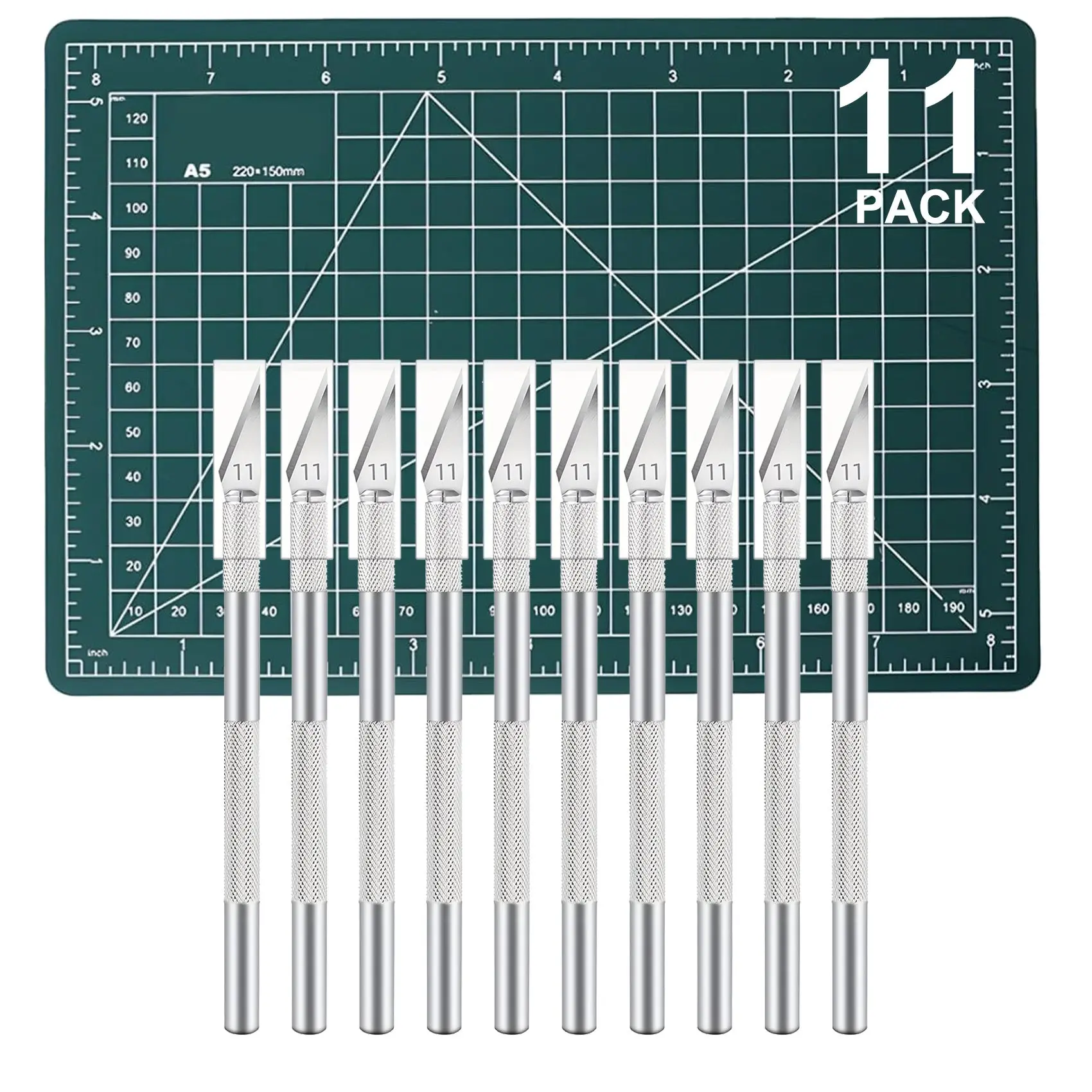 11pcs Office Cutting Supplies Kit - 10 Precision Aluminum Alloy Hobby Blades with Enhanced Blade Life, Double-Sided Gridded A5 Cutting Mat, Durable Precise Cut Tool for Leather Crafting & All Skill Levels, Durability & Value